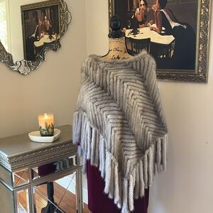 BELLE FARE Genuine Mink Fur Poncho Cape S M Gray Silver fringe Luxury Designer